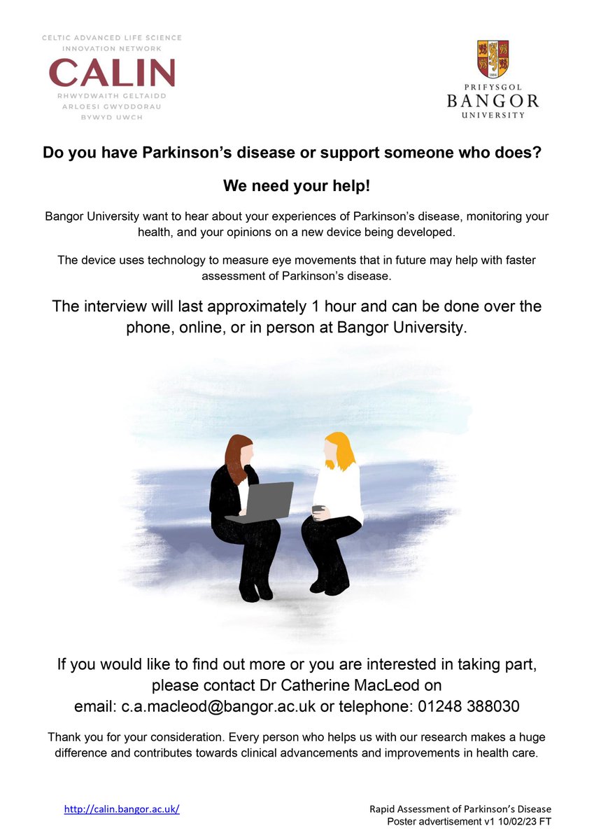 Research opportunity for people living with Parkinsons! <a href="/BangorUni/">Bangor University</a> want to hear your experiences of life with Parkinsons, monitoring your health and thoughts on new technology.
Contact Catherine on email: c.a.macleod@bangor.ac.uk #parkinsons #research <a href="/CALIN_BangorUni/">CALIN@Bangor University</a>