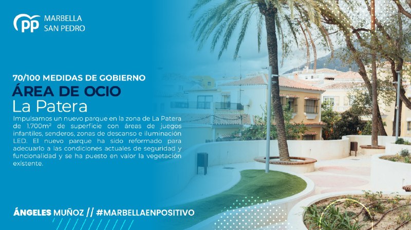 ✅70/100 MEDIDAS DE GOBIERNO

Nuevo parque en La Patera de 1.700m² de superficie con áreas de juegos infantiles, senderos, zonas de descanso e iluminación LED. El  parque ha sido adecuado a unas condiciones de seguridad y funcionalidad poniendo en valor la vegetación existente 🛝