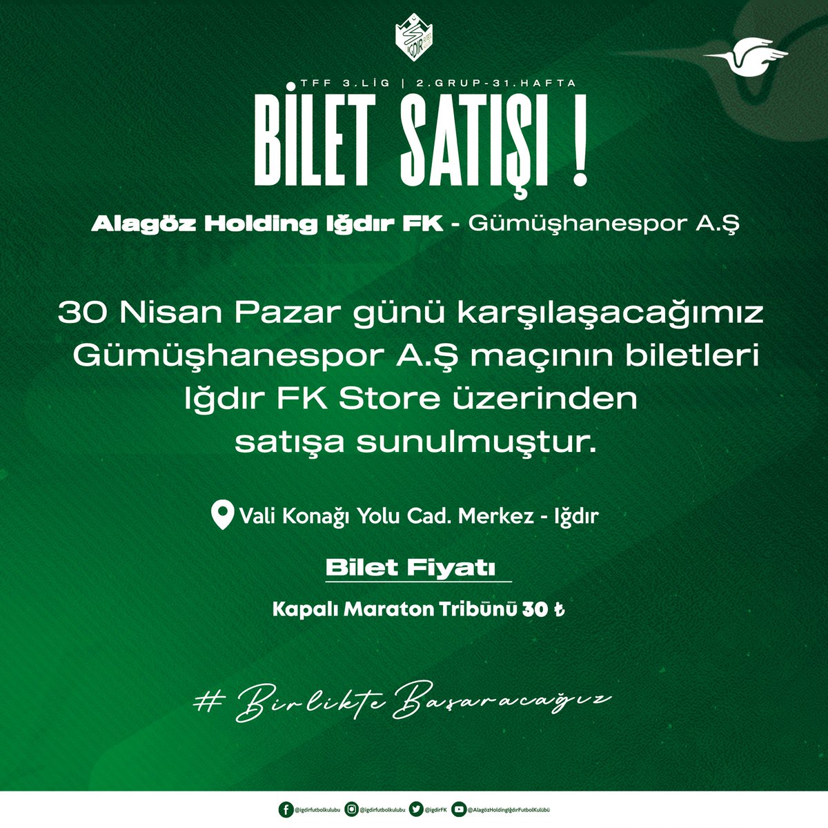 igdirfksports's tweet photo. 🏟️ Bu hafta evimizde buluşuyoruz!💚🤍
🗓️ 30 Nisan Pazar
⏰ 15.00
🆚 Alagöz Holding Iğdır FK | Gümüşhanespor A.Ş. https://t.co/mWzbN2OjyZ