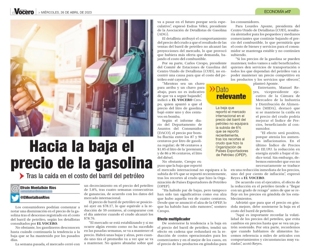 dacoatufavor's tweet photo. 📣 ¡Buenas noticias para los consumidores! En los pasados días hemos comenzado a ver una leve baja en los precios de la gasolina. Para hoy, la regular debe rondar entre los 86 y 89 centavos según las estaciones vayan adquiriendo producto nuevo. #DACoInforma
Vía: @VoceroPR https://t.co/rbpFYI7776