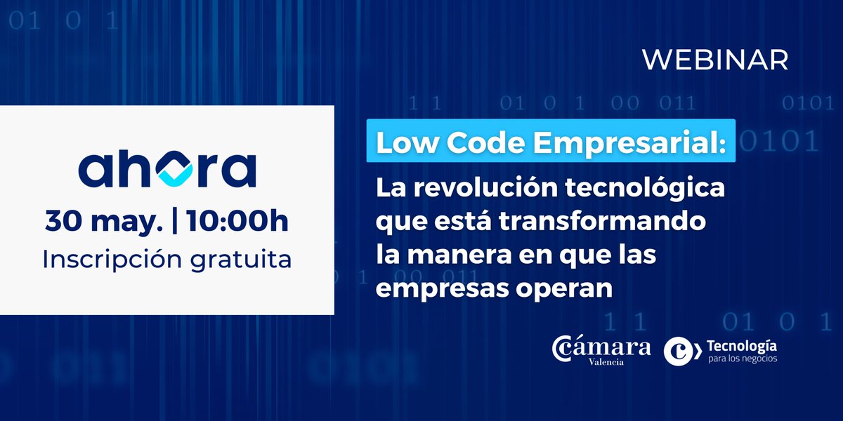 AhoraFreeware's tweet photo. 📢 No te pierdas el webinar que organizamos junto a @camara_valencia:
▶Low Code Empresarial: La revolución tecnológica que está transformando la manera en que las empresas operan.
📆 30 Mayo
✏ ¡Apúntate ya! 👇
https://t.co/7JaMC3pEKI https://t.co/ImkdF2cqmo
