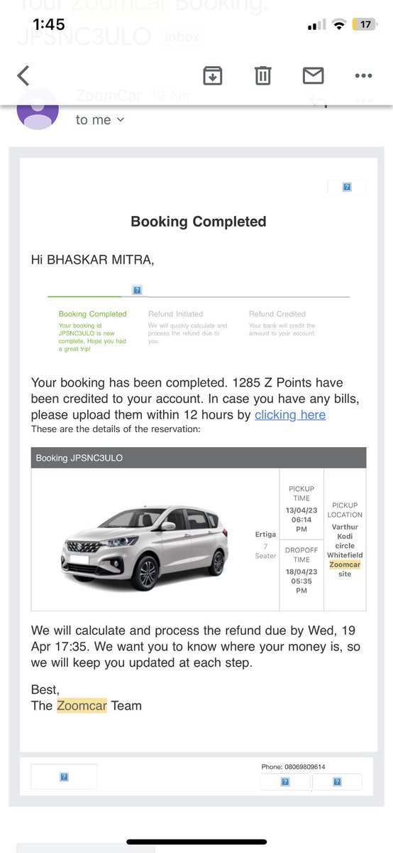 bhaskar_zer05's tweet photo. @Zoomcar_India how do I reach out to your customer service ? I created many tickets thru chatbot but was never contacted back in call or email. And chatbot says no previous tickets created. My refund is stuck and host has charged false refuelling fee. How do I get my money back? https://t.co/4Hj68ITWFj