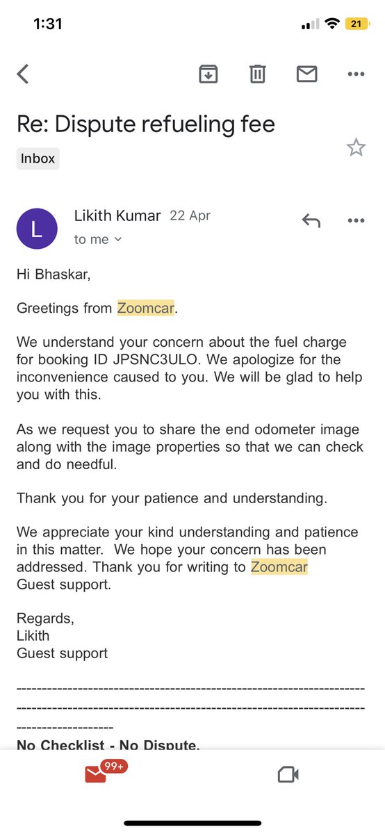 bhaskar_zer05's tweet photo. @Zoomcar_India how do I reach out to your customer service ? I created many tickets thru chatbot but was never contacted back in call or email. And chatbot says no previous tickets created. My refund is stuck and host has charged false refuelling fee. How do I get my money back? https://t.co/4Hj68ITWFj