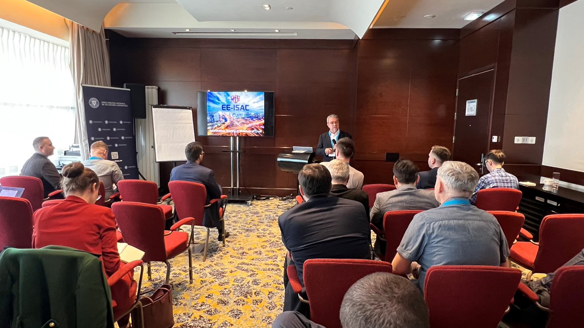 EE_ISAC's tweet photo. 📣 @AurelioBlanquet , at the Cynergy-ISAC Conference hosted by our Member Nuclearelectrica in Bucharest, presented the EE-ISAC main initiatives and remarked the importance of sharing information among members to tackle cyber attacks against the EU power grid. 

#cybersecurity https://t.co/7MujnJFZPw