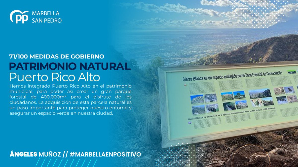 ✅ 71/100 MEDIDAS DE GOBIERNO

Integramos Puerto Rico Alto en el patrimonio municipal, para crear un gran parque forestal de 400.000m² para el disfrute de los ciudadanos. La adquisición es un paso importante para proteger el entorno y asegurar un espacio verde en nuestra ciudad🏞️