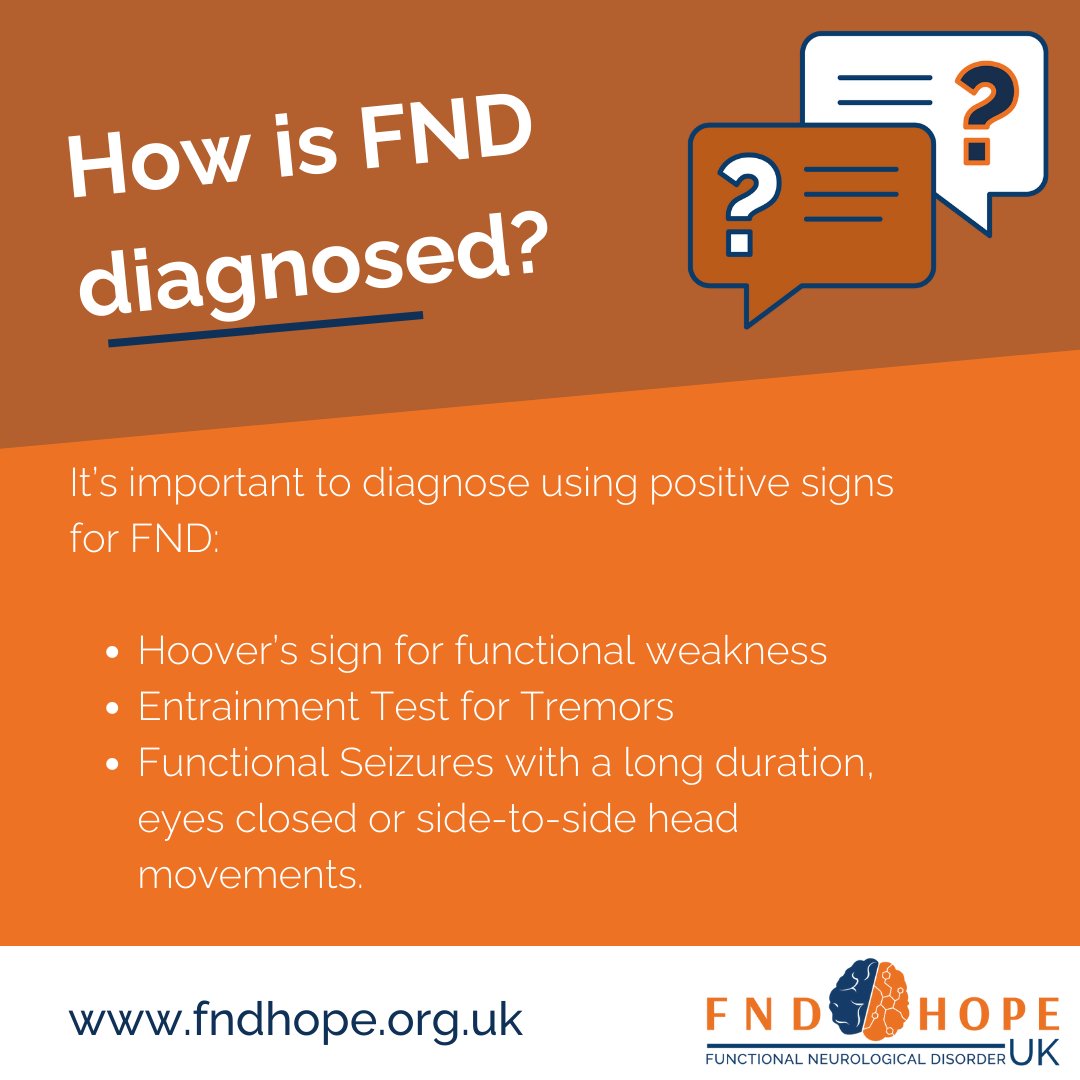 FNDHopeUK's tweet photo. How is FND diagnosed? 🩺

It’s important to diagnose using positive signs for FND, eg:

Hoover’s sign for functional weakness
Entrainment Test for Tremors
Functional Seizures with a long duration, eyes closed or side-to-side head movements.

Read more 👉 https://t.co/1oVeUC2dWR https://t.co/obJKNffVQt