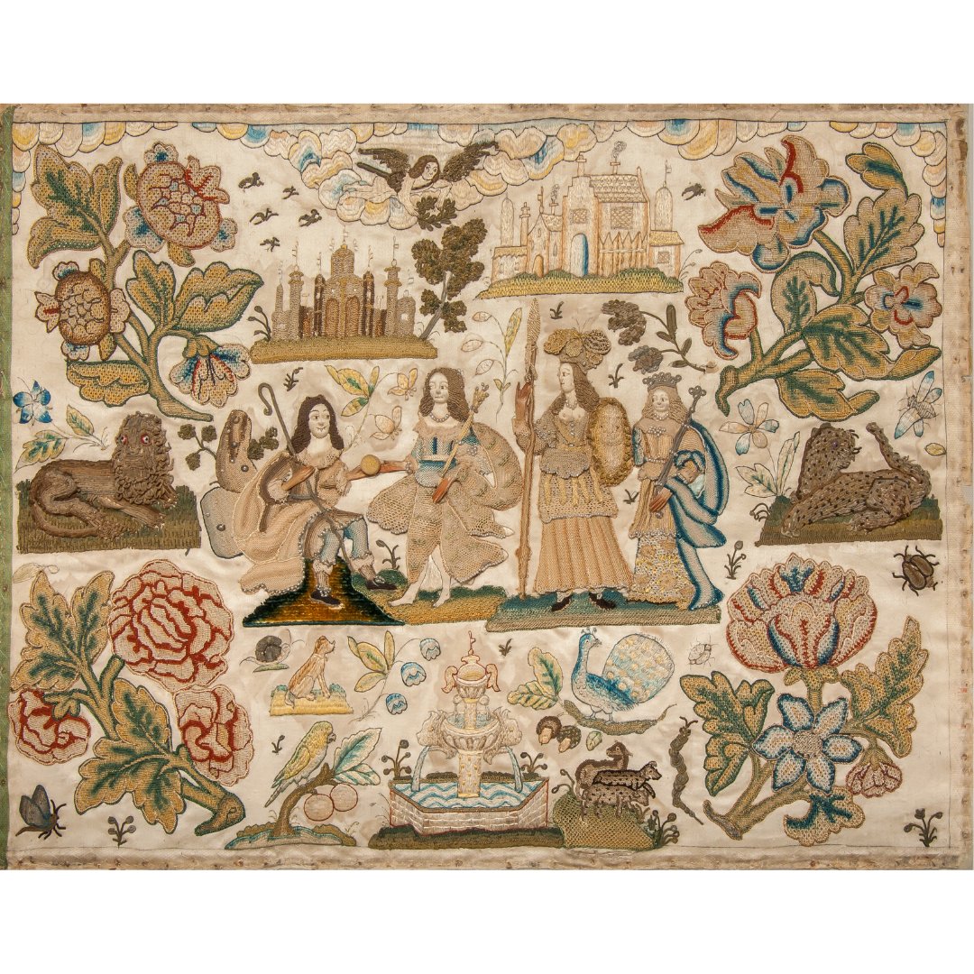 NorwichCastle's tweet image. This embroidery (1660-65) depicts a mythological scene, where Trojan prince Paris judges Aphrodite, goddess of love, to be the fairest of all – a moment that will cast Troy and Greece into 10 years of war. Enjoy the 17th C dress, especially Paris' fantastic Carolingian moustache!