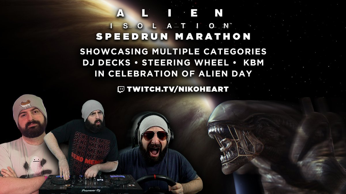 helloNikoheart's tweet photo. We're celebrating @SEGA @CAGames Alien: Isolation on Alien Day (4/26) with a mammoth speedrun marathon of multiple categories and multiple unconventional controllers, with some provided giveaway keys from SEGA!

👉🏻 https://t.co/kkvlQu8VC0 https://t.co/XAzjoFHIFN