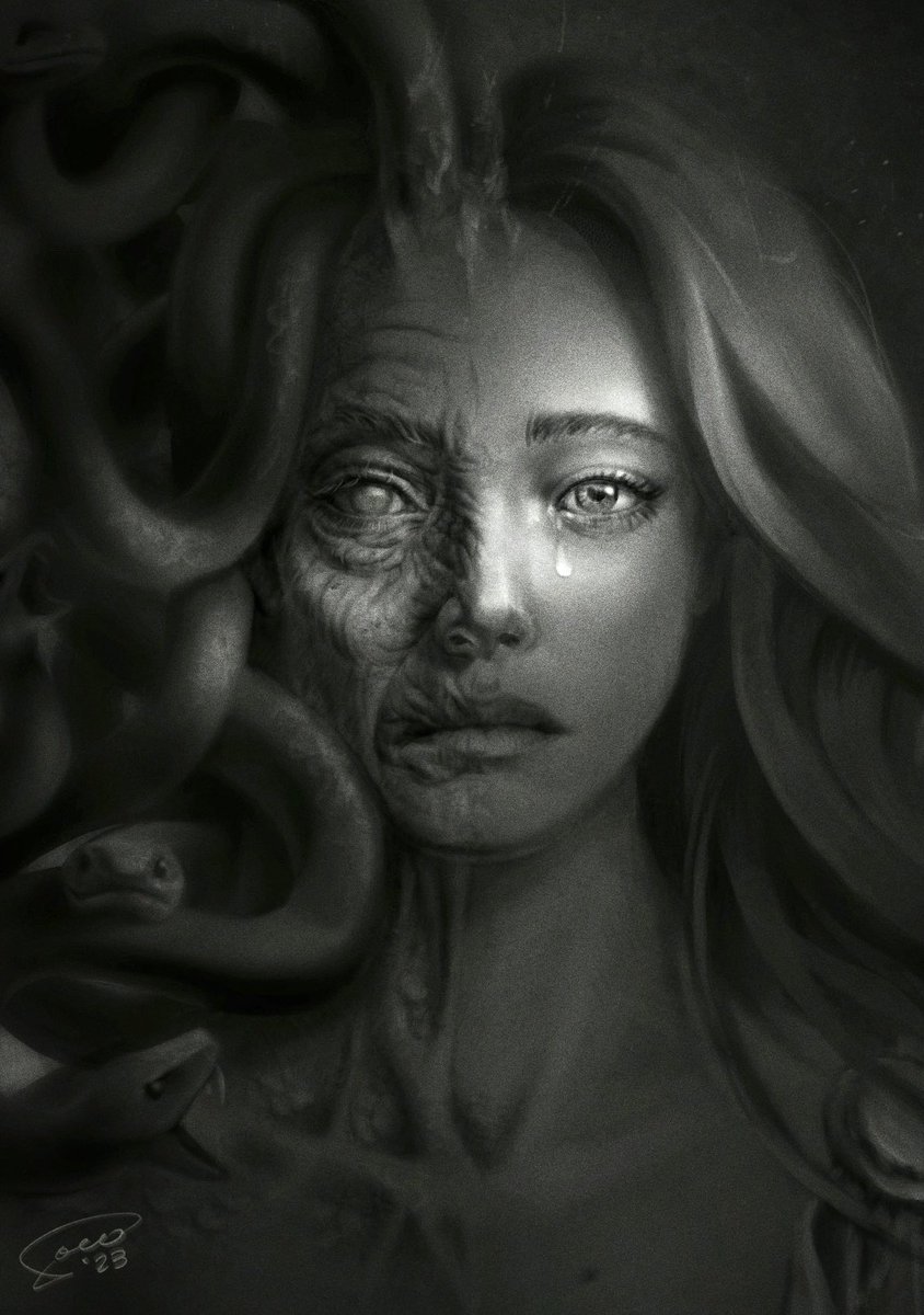 marksocoart's tweet photo. Medusa’s Curse. The concept was from an unfinished sketch I did a couple of years ago. The idea was to show the last remnants of her humanity fading away. Done in @Procreate. #medusa #greekmythology https://t.co/aHK8QQPENa