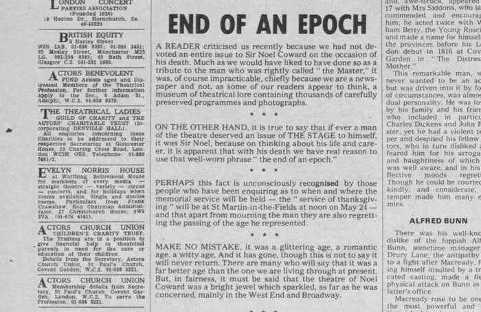 TheStage's tweet photo. What happened this week in theatrical history? Our editorial looked back at our coverage of Noël Coward’s death https://t.co/K7Us9m2qvu https://t.co/wYsph2haVX