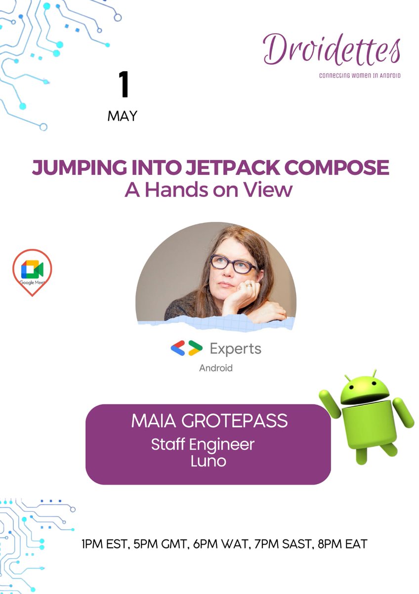 droidettes's tweet photo. Happy hump day droidettes🤓!!
We are pleased to announce that @maiatoday will join us on the 1st of May 2023 for a "Jumping into Jetpack Compose" session 🎉.
Save the date ⌚and RSVP to join in: https://t.co/rr9zmetazB
#AndroidDev
#WomenInAndroid
#jetpackcompose https://t.co/dS9m2aS3fT