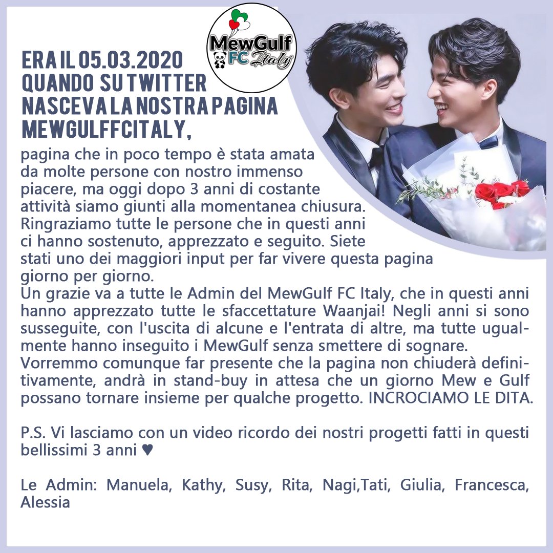MewGulfFCItaly's tweet photo. 🌞"ANNUNCIO DI CHIUSURA"🌻
"REST NOTICE"
🔗 link video: https://t.co/VO8XgOY5ON

@MSuppasit @gulfkanawut @ChannelSuppasit @tb_entofficial
#หวานใจมิวกลัฟ #MewGulf #waanjai #mewsuppasit #gulfkanawut https://t.co/O09iRXGsBD