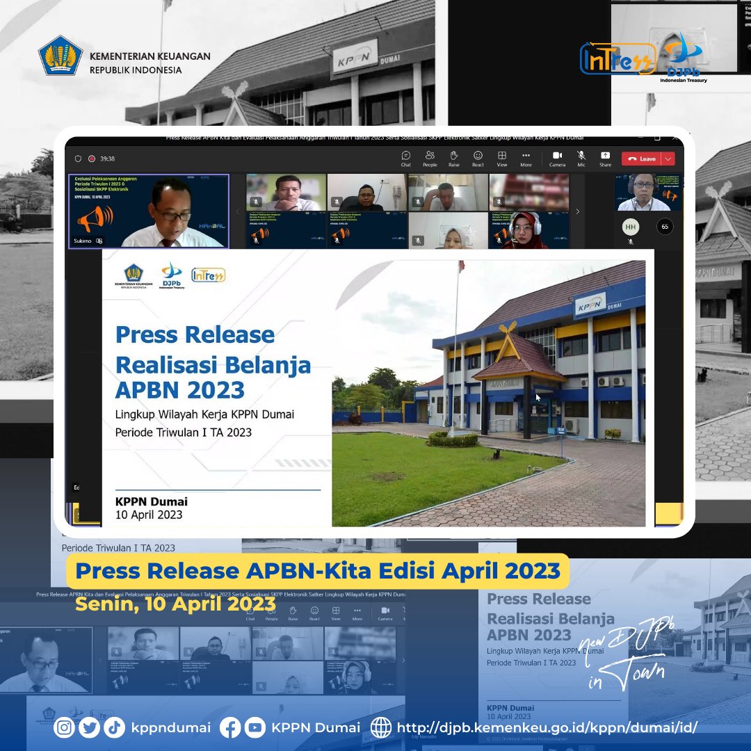 kppndumai's tweet photo. [Press Release APBN-Kita Edisi April 2023]

Halo #sobat120 semuaa!!
KPPN Dumai melaksanakan kegiatan Press Release “APBN Kita”. Data yang dipublikasikan adalah Realisasi Belanja APBN lingkup KPPN Dumai di wilayah Riau Pesisir periode Triwulan I 2023. https://t.co/Z5UDnn9NcR