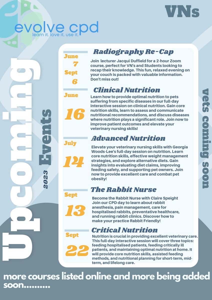 2023 CPD - why not share me round your practice?
More Course being added soon +CPD for Vets Coming Soon!
#vetnursecpd #VeterinaryCPD #vets #vetnurses #vetnursesofinstagram #evolvecpd #cpd #veterinarynurses #vetpractice