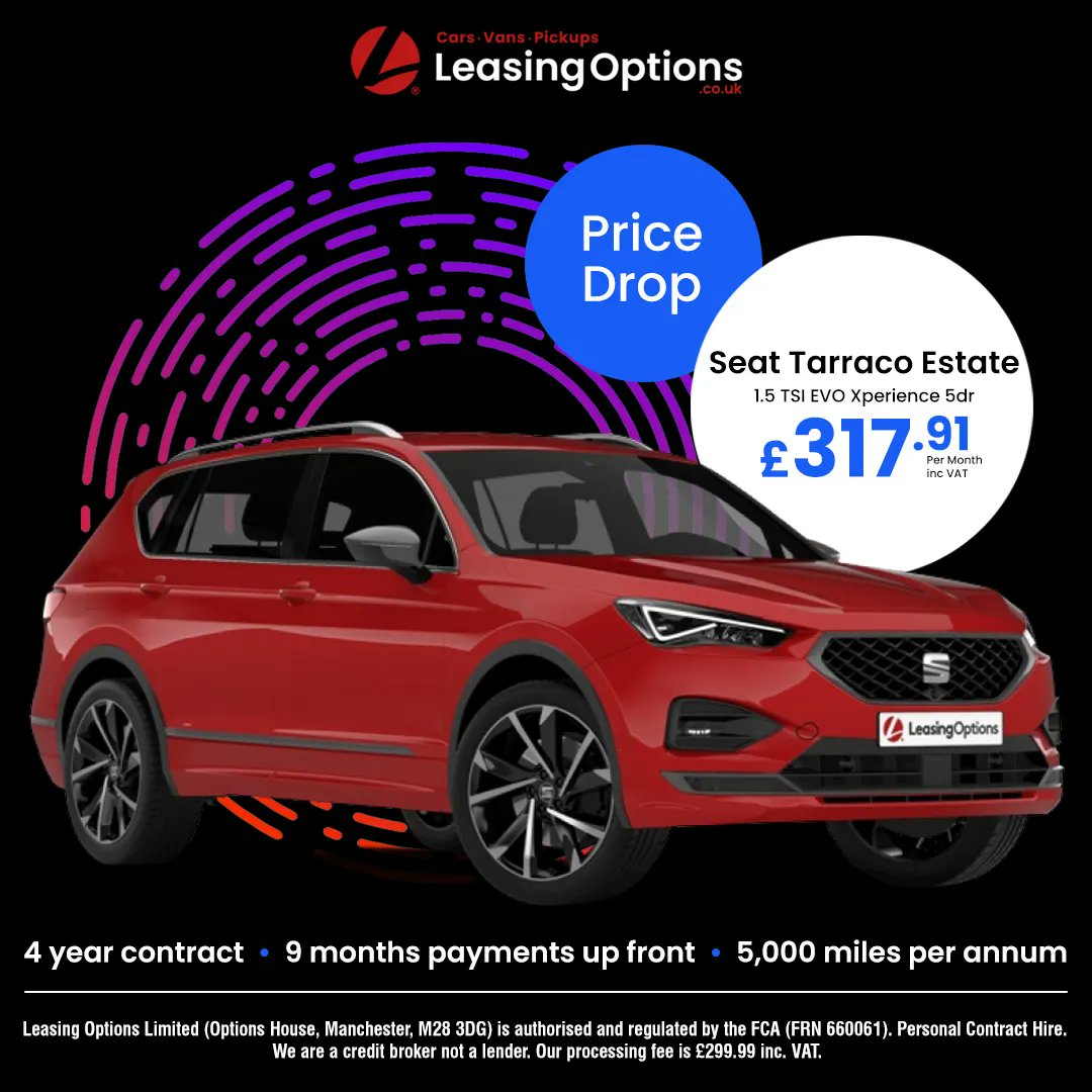 PRICE DROP 👉 SEAT TARRACO👉 Just £317.91 inc. VAT per month🔥

Price based on:
✅Initial Rental: £2,861.19
✅Monthly Rental: £317.91 inc. VAT
✅Contract Length: 4 Years
✅Mileage: 5,000 per annum

For more details,  visit buff.ly/40ElwN8.