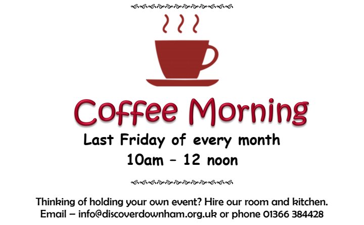 DiscoverDownham's tweet photo. Come to our coffee morning at Discover Downham Heritage Centre on the last Friday of every month at 10am-12 noon. Delicious cakes, drinks and friendly service. All welcome. https://t.co/aHcZLRGach