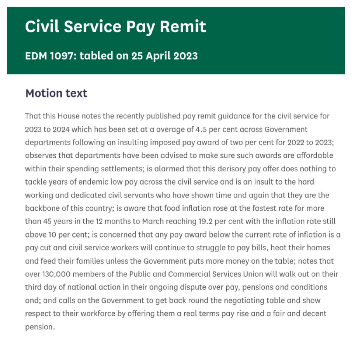 BethWinterCynon's tweet photo. After a 2% pay award last year, civil servants are being told they'll receive another real terms pay cut this year. 

I've co-sponsored early day motion 1097 Civil Service Pay Remit calling on the Govt to offer a real terms pay rise and fair pension 👇

https://t.co/KRyiyvB4dD https://t.co/9M3rUzXLxo