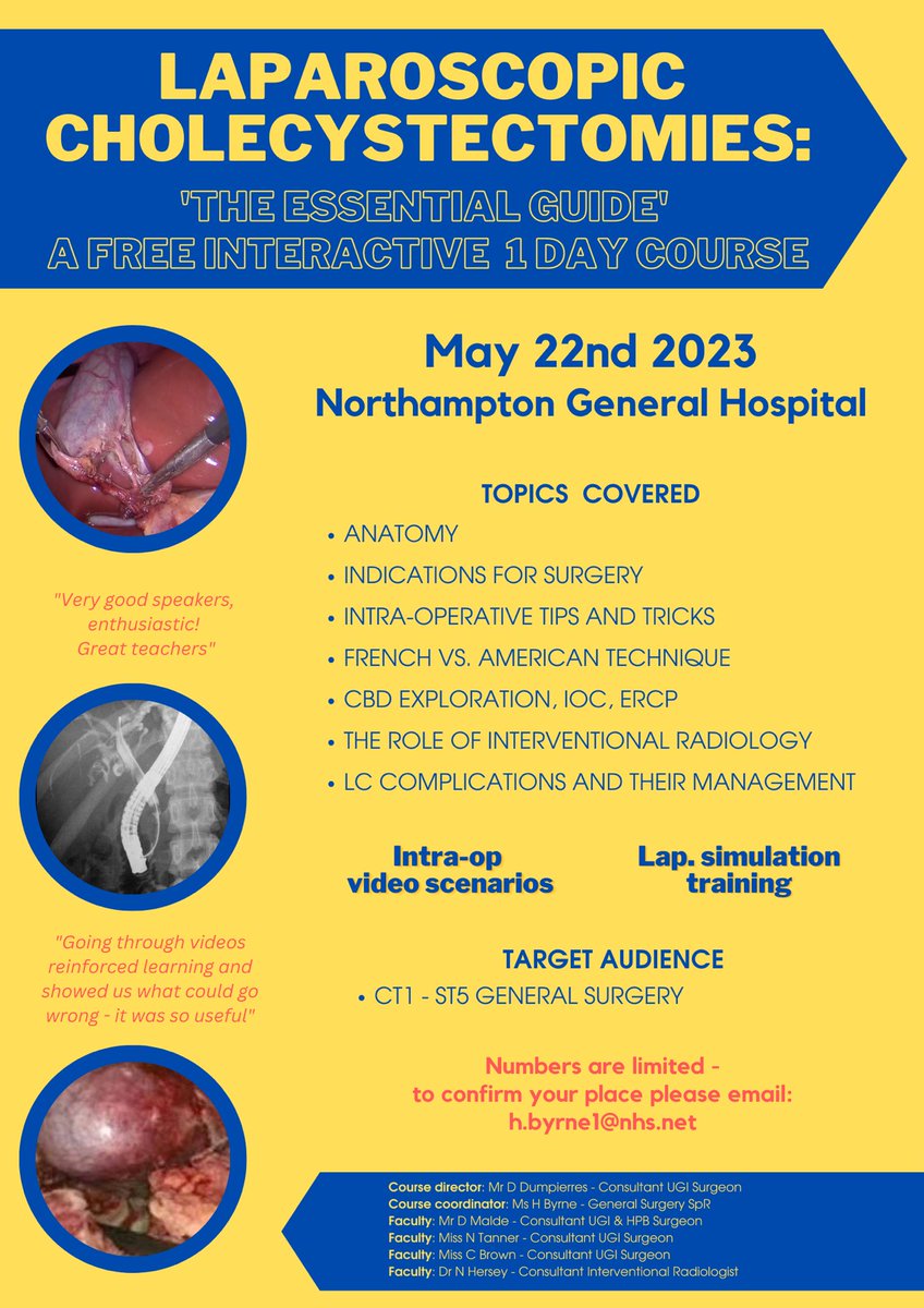 H C Byrne (@hcbyrne01) on Twitter photo Following the success of last years course, 2023’s ‘Essential Guide to Laparoscopic Cholecystectomies’ course will take place May 22nd at Northampton General Hospital!
Numbers are limited - so don’t miss out on booking your place!!
<a href="/NGHMedicalEd/">NGH Medical Education</a> Following the success of last years course, 2023’s ‘Essential Guide to Laparoscopic Cholecystectomies’ course will take place May 22nd at Northampton General Hospital!
Numbers are limited - so don’t miss out on booking your place!!
<a href="/NGHMedicalEd/">NGH Medical Education</a>