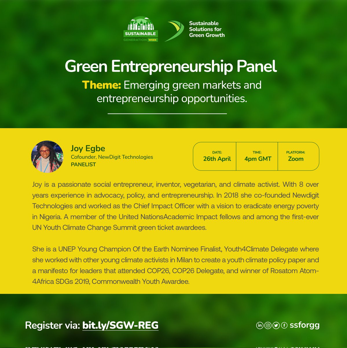 Green entrepreneurship is a powerful force for #ClimateAction 
We can leverage innovation &amp; marketforce to transform economy and build a sustainable future.  
Tune in for the Green Entrepreneurship panel  at 4:00 pm GMT,  this evening.
Location:  zoom
link:us06web.zoom.us/j/82851084784?…