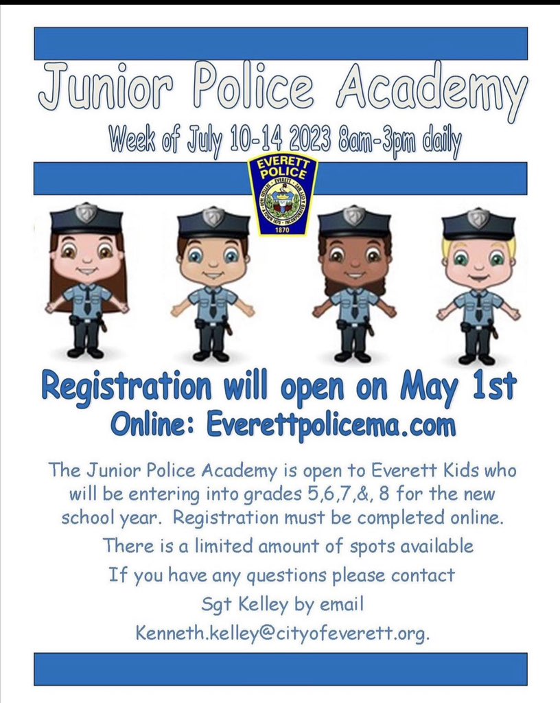 It’s not to early to plan for this years Jr Police Academy <a href="/everettpolicema/">Everett Police</a>. Registrations open May 1st. Come join us for a great week of fun.