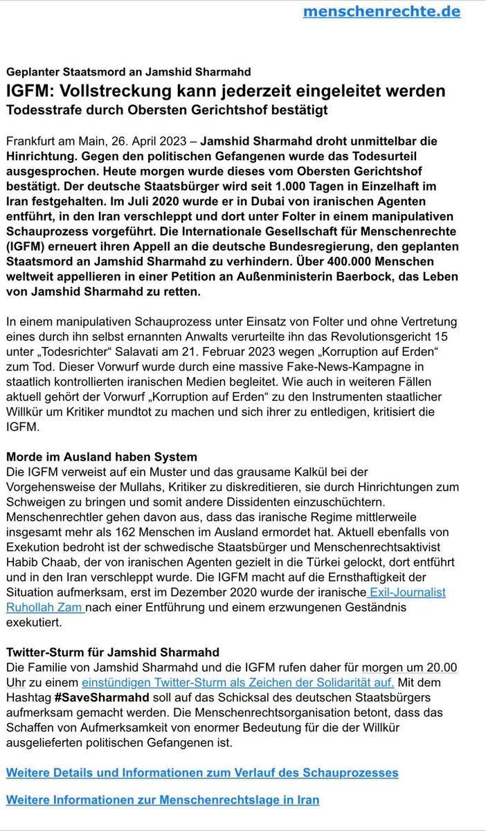 IGFM_DE's tweet photo. Heute morgen wurde das Todesurteil gegen Jamshid Sharmahd vom Obersten Gerichtshof bestätigt. Die Vollstreckung kann damit jederzeit eingeleitet werden.

Wir appellieren erneut an die deutsche Bundesregierung, das Leben von Jamshid Sharmahd zu retten! #SaveSharmahd
Unsere PM: https://t.co/QAYVteYk1t
