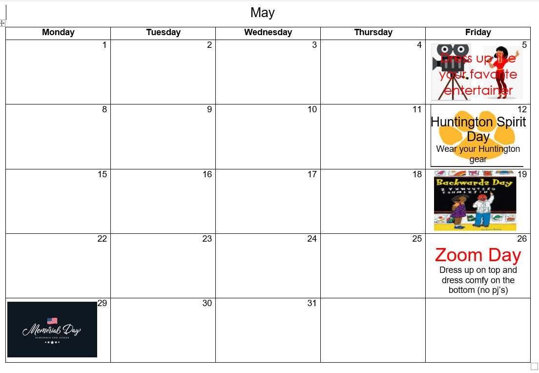 HuntingtonPK-8School (@huntingtonscsd) on Twitter photo Here is the May 2023 calendar for Huntington School's "Spirit Fridays". Students participate on these special days, to show their school spirit and celebrate friendship and community here in school . Here is the May 2023 calendar for Huntington School's "Spirit Fridays". Students participate on these special days, to show their school spirit and celebrate friendship and community here in school .