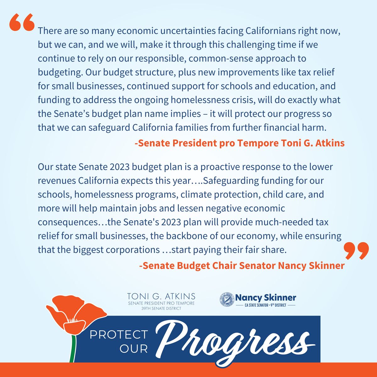CASenateBudget's tweet photo. Pro Tem @SenToniAtkins &amp; Senate Budget Chair @NancySkinnerCA released the Senate’s 2023 #CABudget Plan today: https://t.co/WxcbC7qW5x. As funding for jobs &amp; infrastructure is threatened at the federal level, @CASenateDems will #ProtectOurProgress &amp; avoid cuts to key programs. https://t.co/MGRv1m2rDI