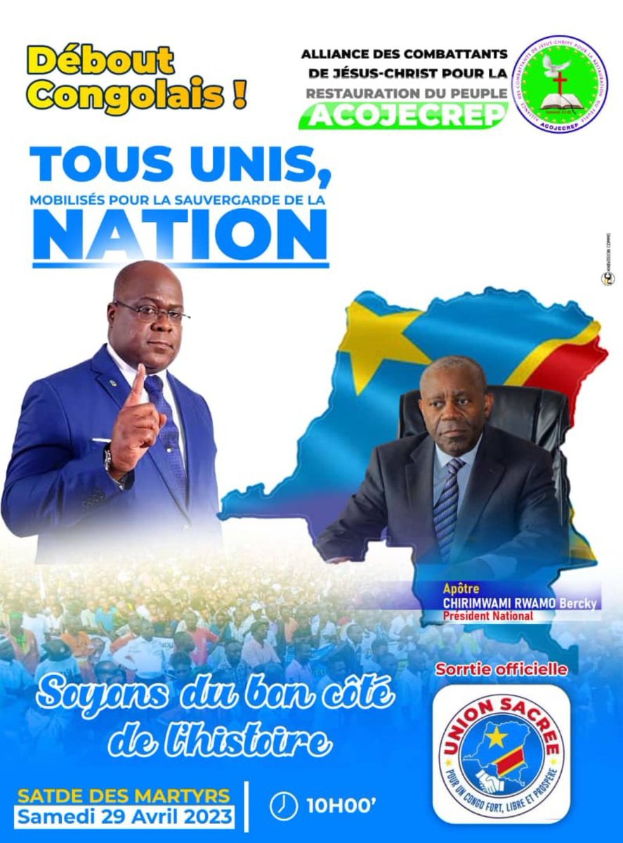 acojecrep's tweet photo. 🚨 ACOJECREP assure sa participation à la sortie officielle de l'union sacrée de la nation...
@AbedAchour18 @AssembleeN_RDC @AugustinKabuyaT @bembajp @BillyKambale1 @CMbosoNkodia @LukondeSama @Presidence_RDC @ALINGETEJULES_K @Gracekingwaya @VitalKamerhe1 @coalitionlamuka https://t.co/YUWFzno7nl