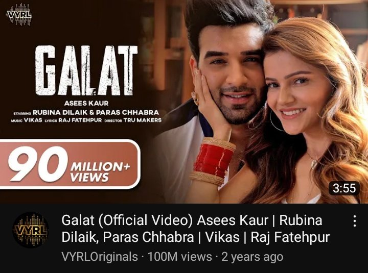 RubiDilaikOFC's tweet photo. #Galat ft. @RubiDilaik &amp; @paras_chhabra has crossed 100M views on YouTube with over 1.5M likes and 200K+ comments sung by @AseesKaur ! 

Even after 2years the emotion, betrayal, revenge and overall story this MV holds is unmatchable. 

#RubinaDilaik #GalatFTRubinaDilaik https://t.co/Y8QGEiSfSS