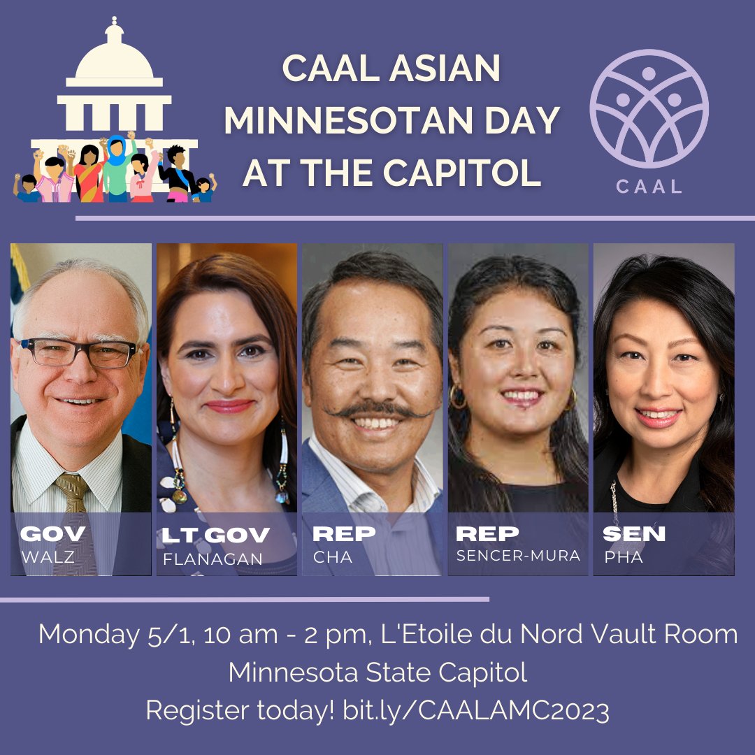 CAALMN's tweet photo. Kick off AAPI Heritage Month with CAAL's annual Asian Minnesotan Day at the Capitol! We'll hear from and connect with our elected officials about priorities that matter to our communities! Register: https://t.co/bugLwdWsUH https://t.co/36Ed9FZ4CZ