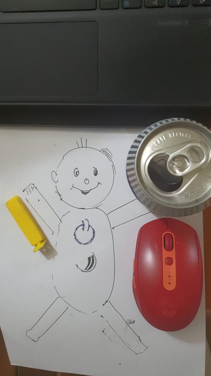 SoonChoonWah's tweet photo. I used these items around me to draw this picture: can drink for the head, mouse for the body and plastic clip for 4 limbs. Resources for arts are reachable and around us. It is up to us to create it. @ArtsAgeingNTU #artaging #AG6309Wk9AY22T3 https://t.co/TTgOM8dZum