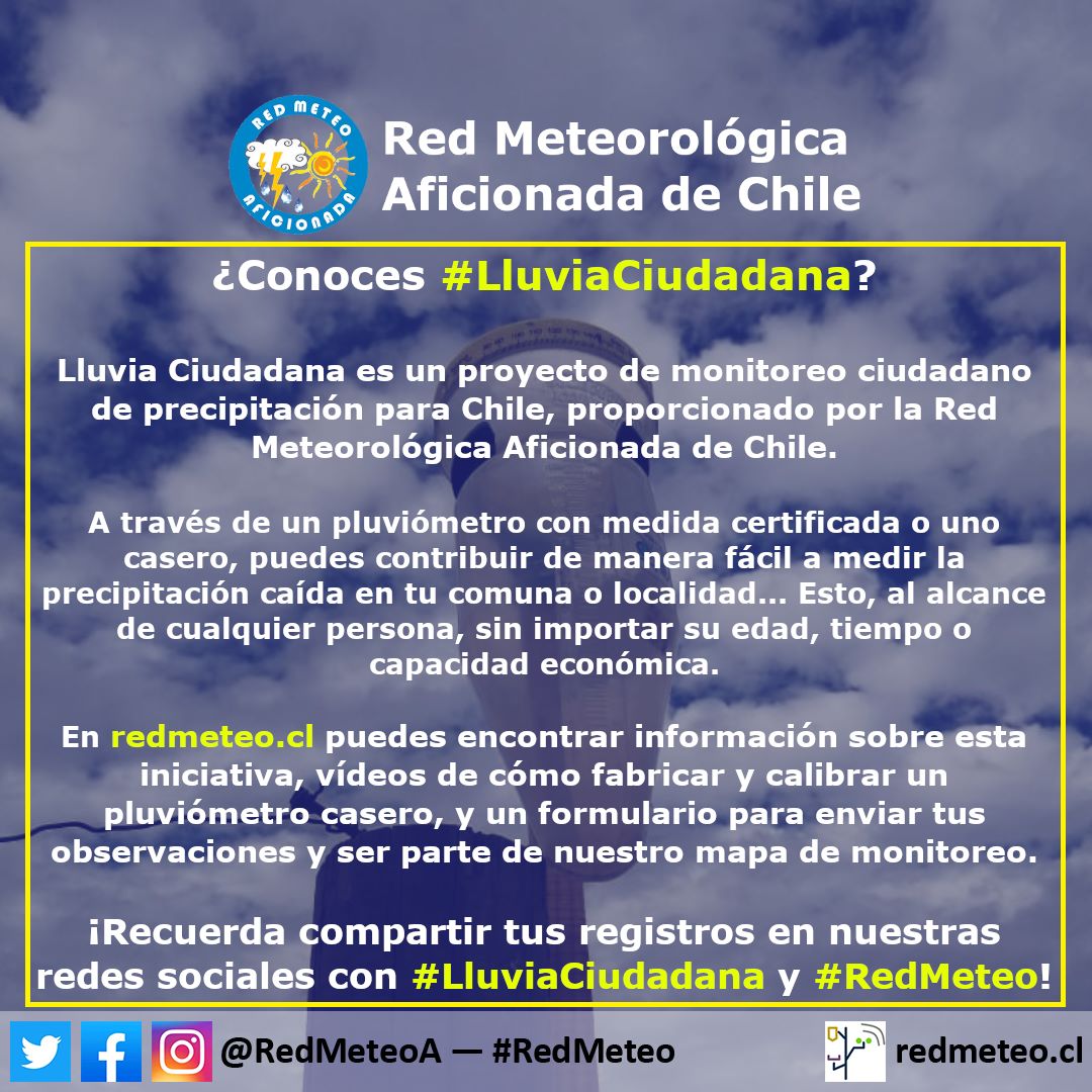 RedMeteoA's tweet photo. ¿Conoces #LluviaCiudadana? Es un proyecto de monitoreo ciudadano de precipitación en Chile, proporcionado por #RedMeteo, donde cualquier persona con un pluviómetro (que puede ser casero) puede participar 🌧️

En https://t.co/xICCV5m8xL puedes conocer más información al respecto 👍🏻 https://t.co/X2JlARH0L0