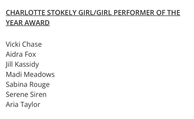 Thank you so much @XRCOAwards &amp; @Char_Stokely for this nomination! I love being up there with such incredible<a class="tags" href="/tag/xrcoawards">@xrcoawards</a><a class="tags" href="/tag/char_stokely">@char_stokely</a><a href="/tag/nominated"class="tags"><span>#nominated</span></a><a href="/tag/allgirl"class="tags"><span>#allgirl</span></a><a href="/tag/girlgirl"class="tags"><span>#girlgirl</span></a><a href="/tag/performeroftheyear"class="tags"><span>#performeroftheyear</span></a>