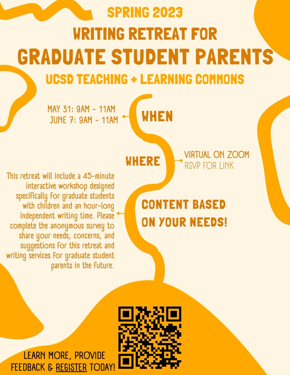 The Writing Hub is trying to organize a writing retreat for students with dependents with childcare services! Please help spread the word and sign up 🙏🏽 We need your participation to ask the university for more resources for us! @caregivers_UCSD