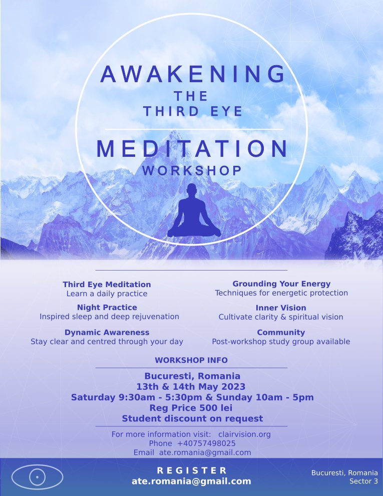 clairvision's tweet photo. Upcoming Awakening the Third Eye workshop in Romania, May 13th and 14th! See our website for details: https://t.co/p5mKlHZEr0
#clairvision #meditation https://t.co/oZsD1gztvt