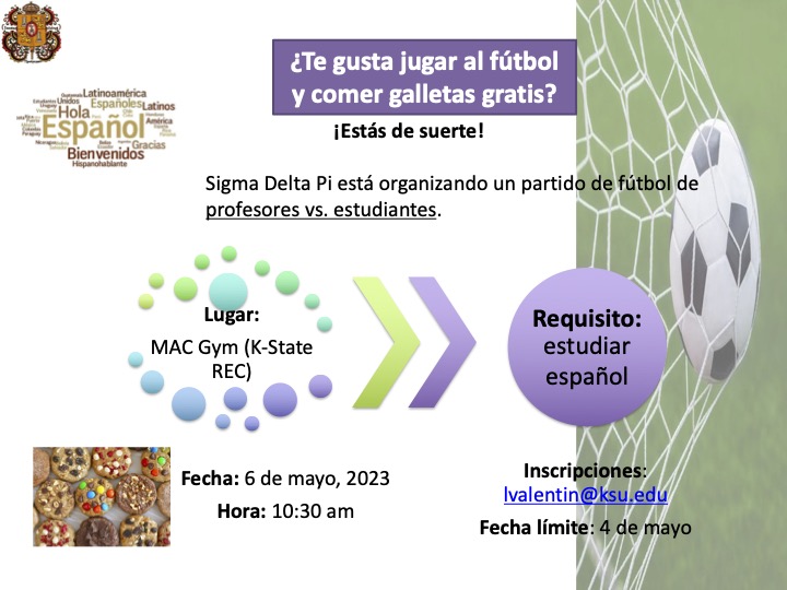 kstatespanish's tweet photo. Students vs. Professors!!! Join Sigma Delta Pi, this Saturday at the Rec, for a fun game of FÚTBOL with #KStateSpanish faculty &amp; students -- there will also be cookies, of course! 10:30am, RSVP to lvalentin[at]https://t.co/u0Ls15yuwh https://t.co/BU33UtzWXr