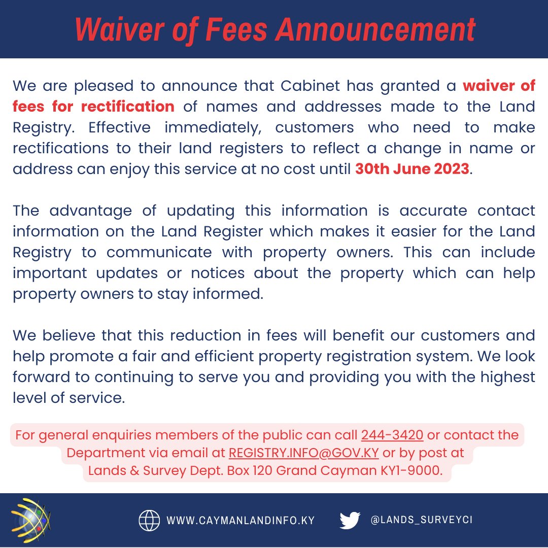 Such exciting news!

If you own property and your name or address has changed, please take this opportunity to update your information free of charge!

#rectificationofregister #celebrating50years #landsurveying #landregistry #dronesurveying #caymanproperties  #caymanlandinfo