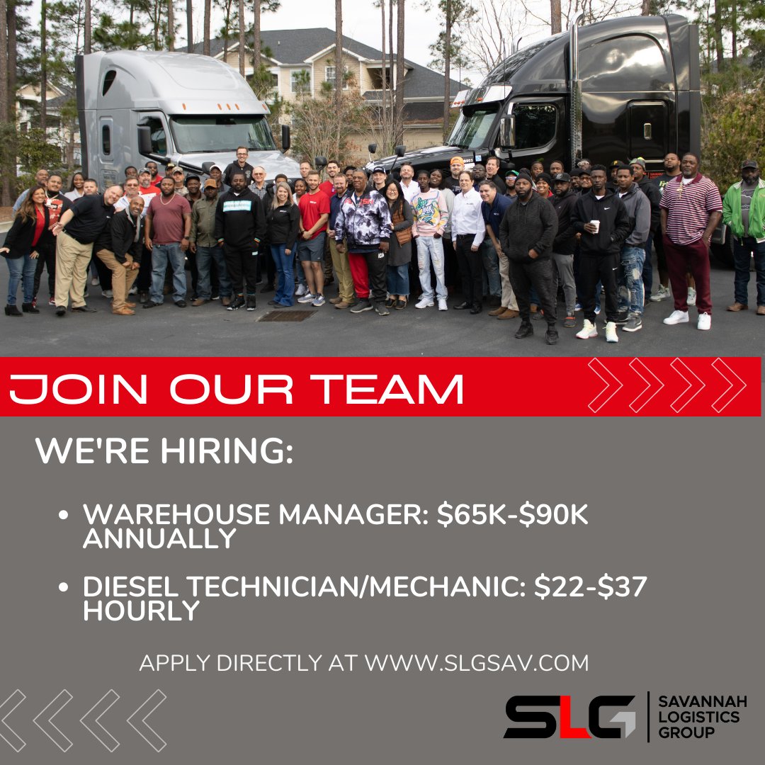 Want to be part of the best Team in town? 
Team #SLG is growing places! 💫🚚💨

#trucking #truckers #logistics #transportation #werehiring #warehousemanager #dieseltech #savannahlogisticsgroup #savannah #charleston