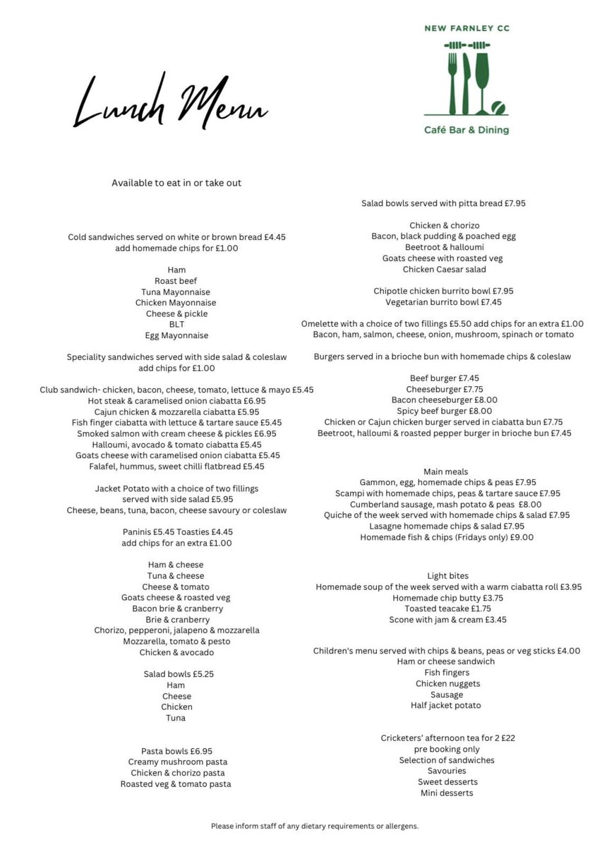 NewFarnleyCC's tweet photo. Please see attached the new menus for the @bclcricket and @dalesccl cricket season which will start next week. There will still be a weekly special, soup and also a quiche on throughout the season. Thanks for your continued support and custom from: Jennie, Michael, Angie &amp; Poppy. https://t.co/3VNm0tnTX5