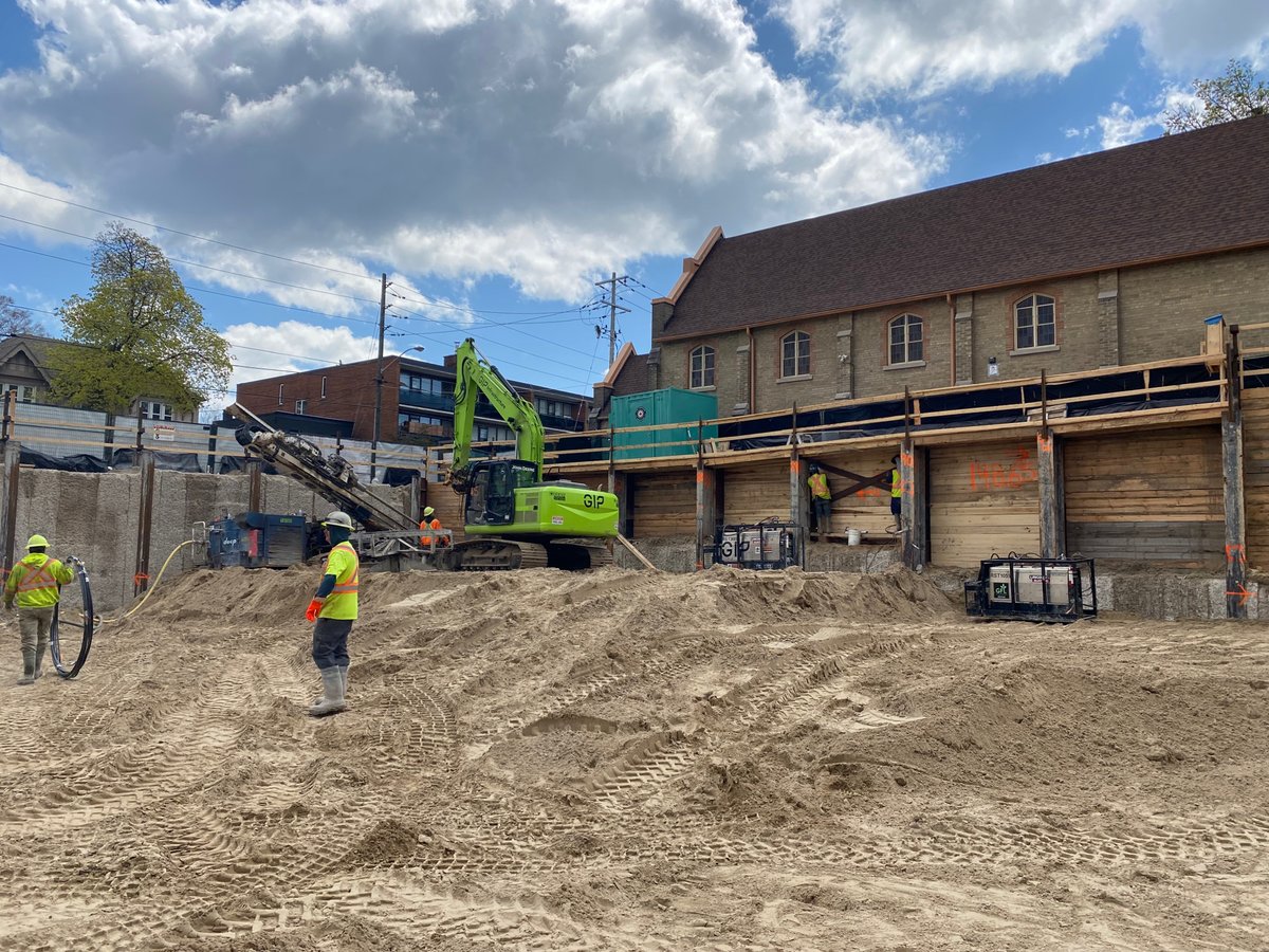 Production tie backs underway at our Leaside Common project by <a href="/GairlochDev/">Gairloch Dev</a>. Bluescape worked closely with trades and consultants on the back lagging details to facilitate a future retaining wall to maximize space within the property of the project.