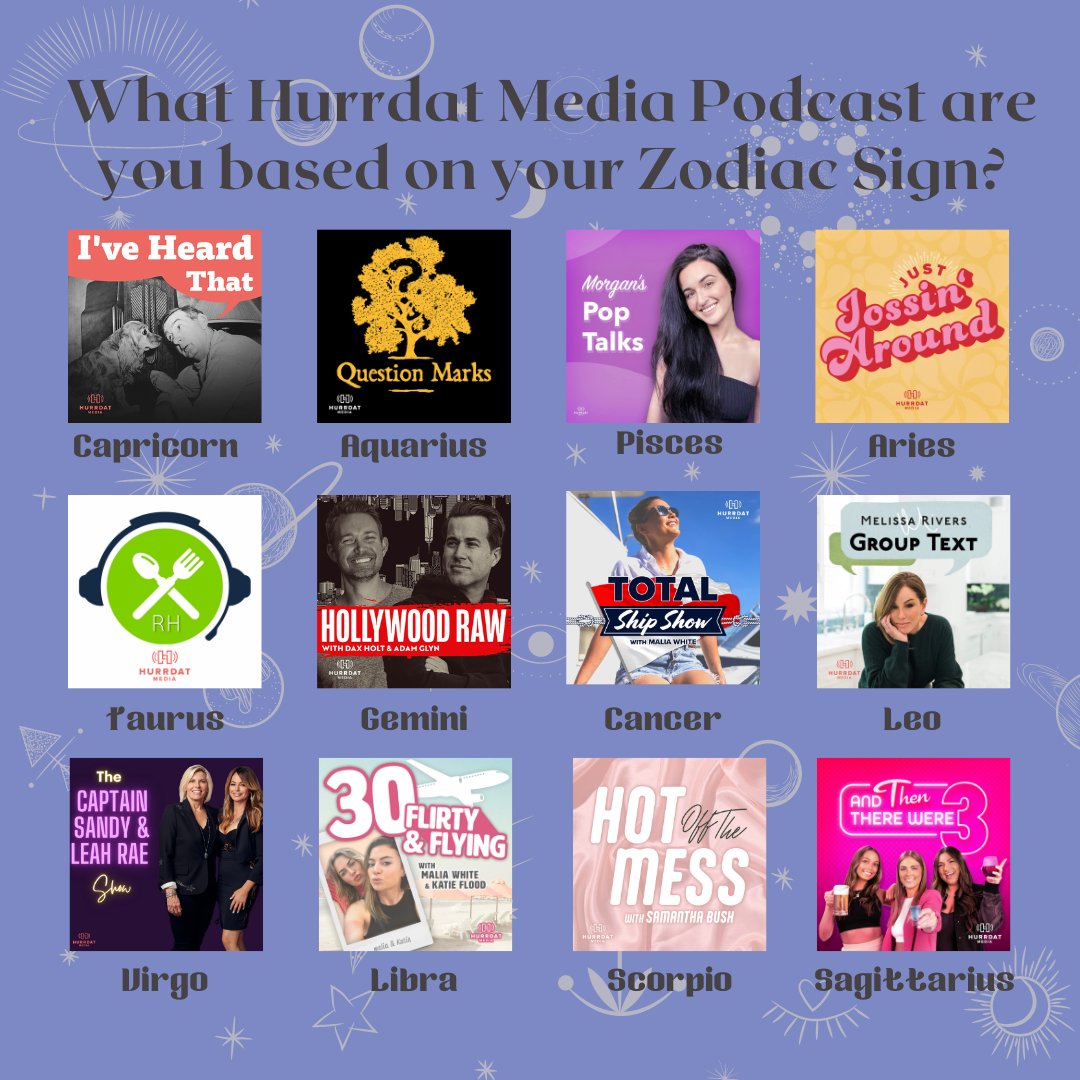 HurrdatEnt's tweet image. This one goes out to our Astrology girlies! What Hurrdat Media show are you based on your zodiac sign?☀️✨🌕
(personally, I am a Just Jossin' Around sun, Question Marks moon, and Hot Off The Mess rising)
#podcastnetwork #astrologymeme #hurrdatmedia