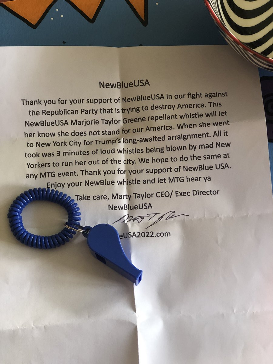 BadrobotLinda's tweet photo. I just received my MTG repellent whistle‼️. Thanks Marty 😄

#DemVoice1
#VoteBIGblue https://t.co/MrDU05QLFP