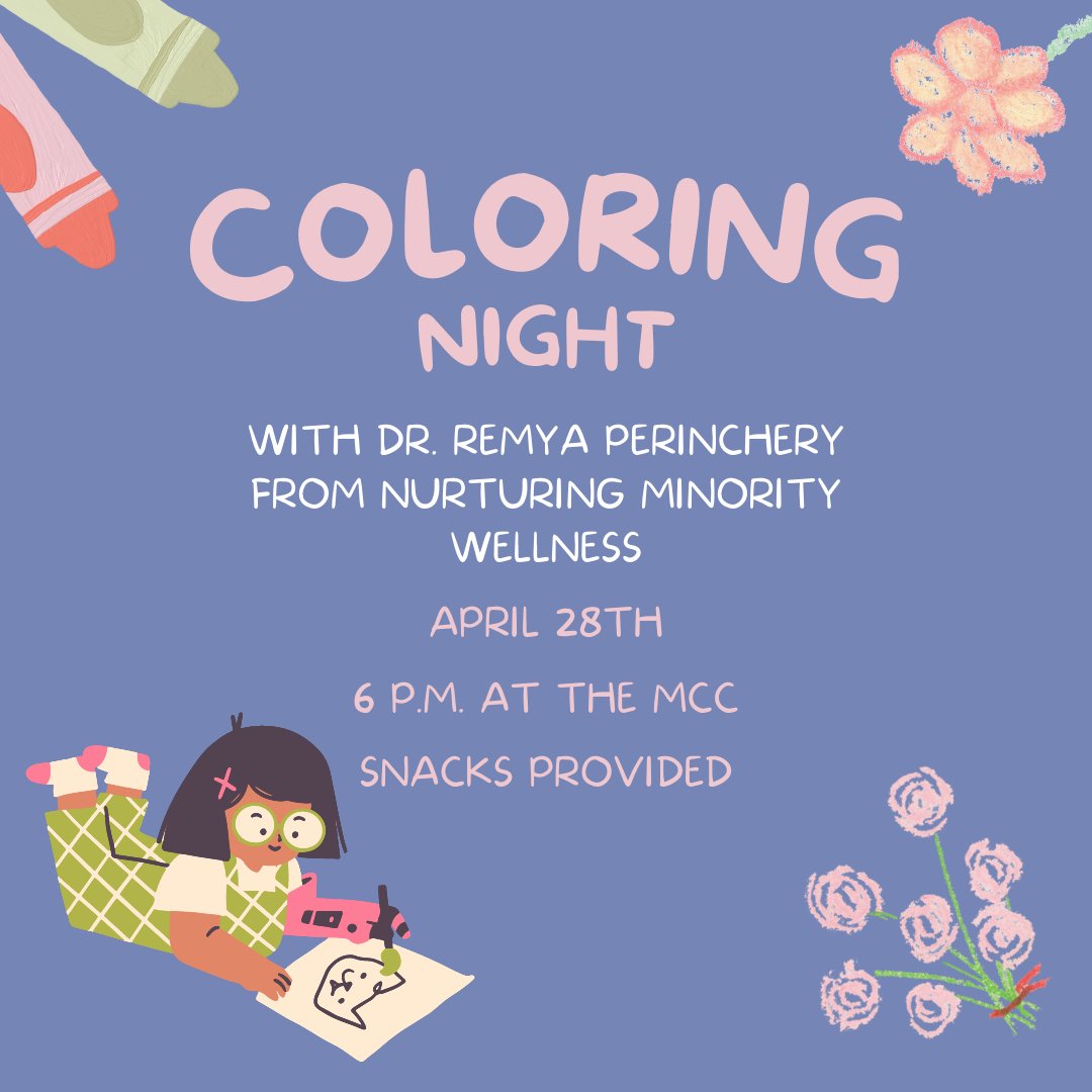 You deserve a study break! Come to the MCC this Friday to color with us, learn about self care, and enjoy some snacks!🧑‍🎨