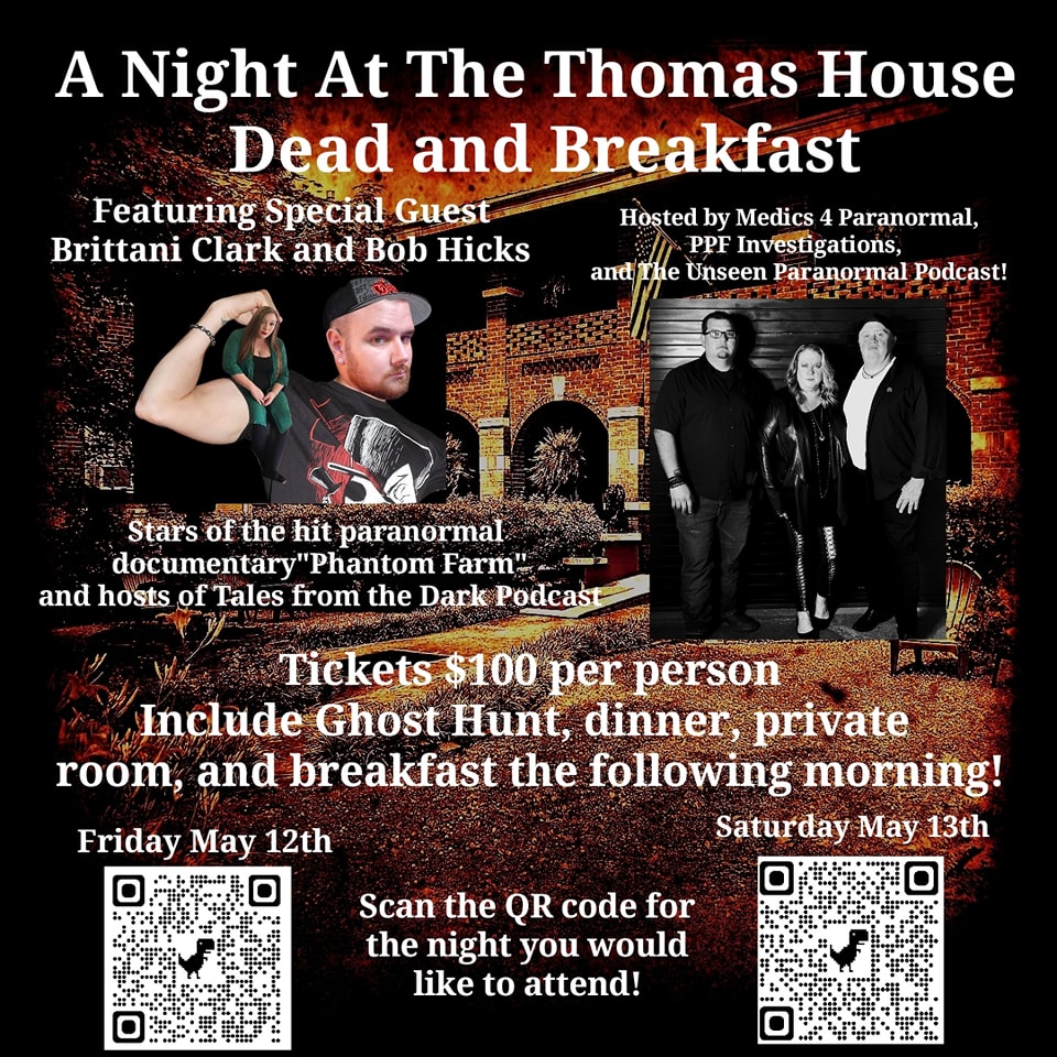 Use the QR Codes or these links to grab your tickets before they are gone!
<a href="/TalesFromTheDa4/">Tales From The Dark</a> <a href="/med4paranormal/">medics4paranormal</a> 
Tickets for Friday May 12, 2023
events.eventzilla.net/e/a-night-at-t…
Tickets for Saturday May 13, 2023
events.eventzilla.net/e/a-night-at-t…