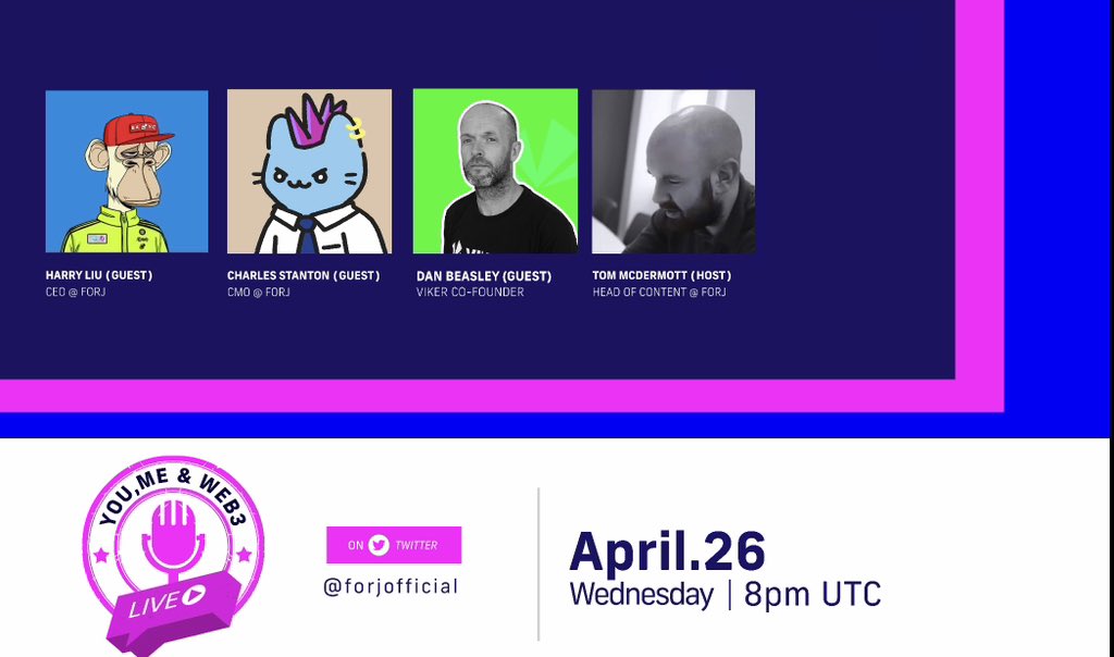 ForjOfficial's tweet image. Join us at 8pm UTC today for another #YouMeWsb3 LIVE Twitter Spaces where we’ll be covering Web3 gaming with @danbeasley1 and @vikergames, as well as @yugalabs and @BoredApeYC IP expansion!

Hosted by @MrTomMcDermott and featuring #Forj CEO @harry_forj + CMO @Chas_Stanton 🔥