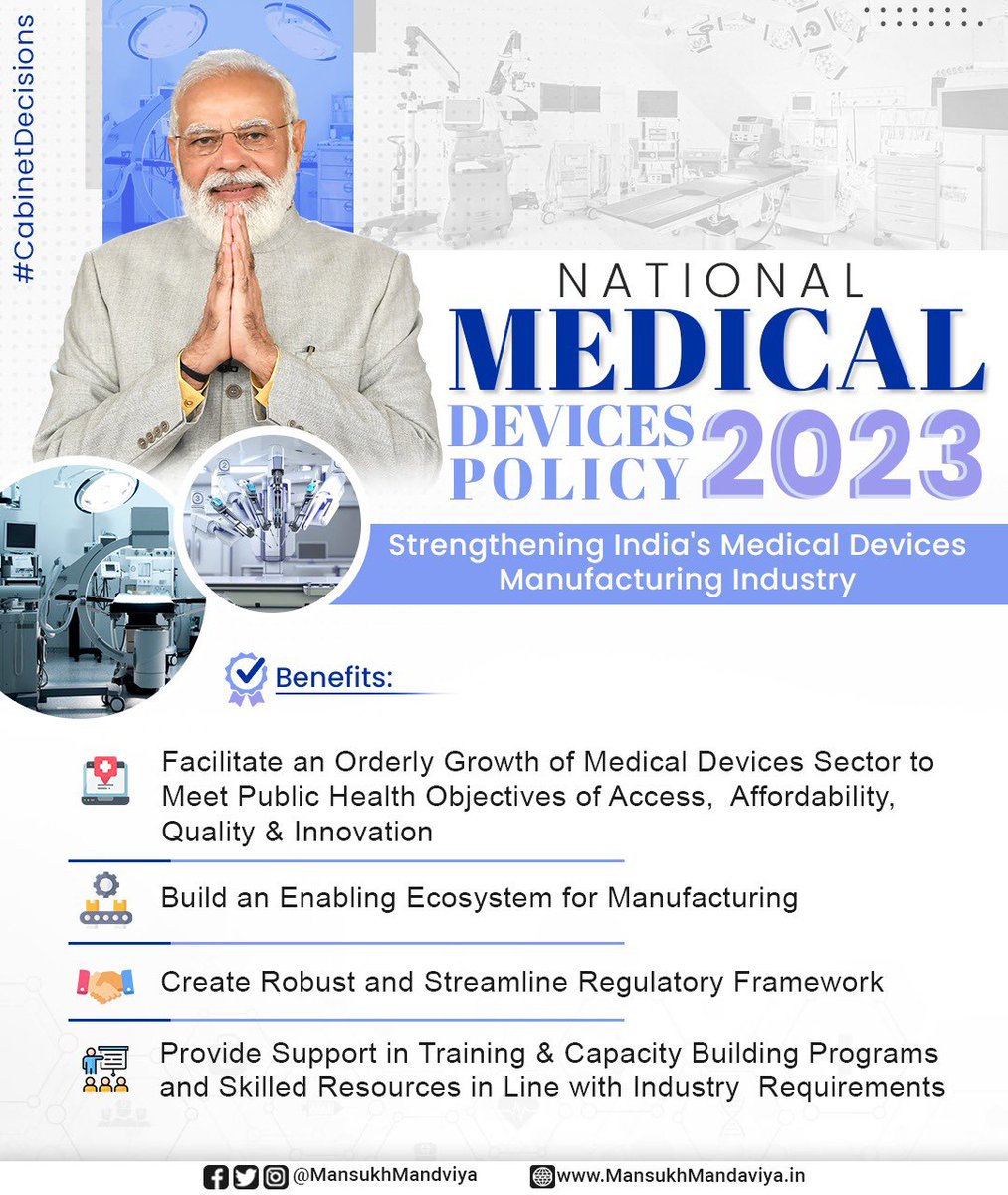mansukhmandviya's tweet photo. PM @NarendraModi Ji led Cabinet approves the National Medical Devices Policy, 2023 🩺

In line with PM Modi Ji's clarion call of 'Make in India, Make For the World', the policy will help in making 🇮�� a global leader in the manufacturing and innovation of medical devices. https://t.co/ClyuvkwtR1