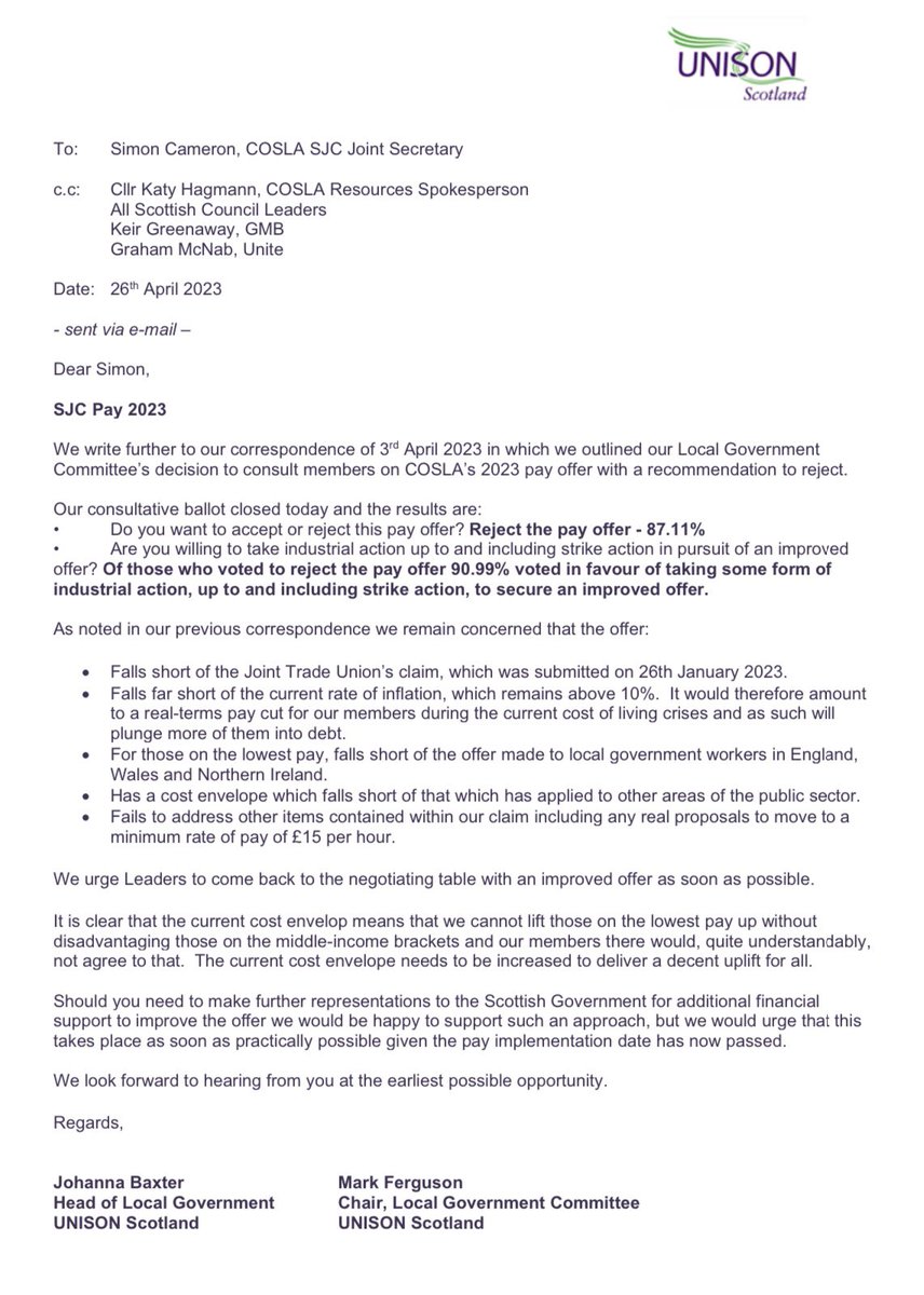 UNISONScotLGvt's tweet photo. Our consultative ballot on @COSLA’s initial 2023 pay offer closed today. Results are:

👉 87.11% voted to REJECT the offer. 
👉 Of those who voted to reject the offer 90.99% voted in favour of taking industrial action to secure an improved offer. Our letter to COSLA 👇 https://t.co/DzQdahJlp9