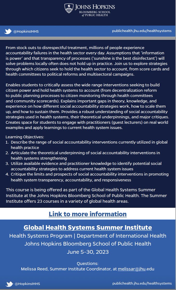 AdhikariBini's tweet photo. Do you want to learn about how to hold health systems accountable?

Please sign up for a course that I am teaching with @kerfully and @SampathHarshini at @HopkinsIHHS's Global Health Systems Summer Institute 2023!

Learn more at: https://t.co/tVepTRYKB3

#socialaccountability https://t.co/OK5UiFQWp3