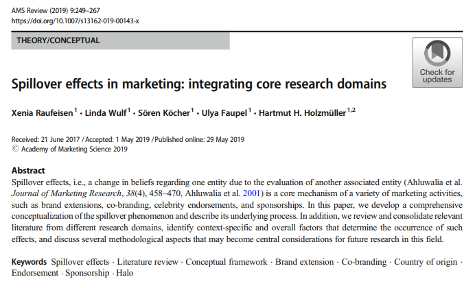 AMSReview's tweet photo. Spillover effects in marketing: Raufeisen et al. (2019) develop a comprehensive conceptualization of the spillover phenomenon and describe its underlying process. Core research domains are also reviewed. https://t.co/qbvtP2KKIh #AMSReview #marketing #conceptual #spillovereffects https://t.co/jgyOVJmFHH