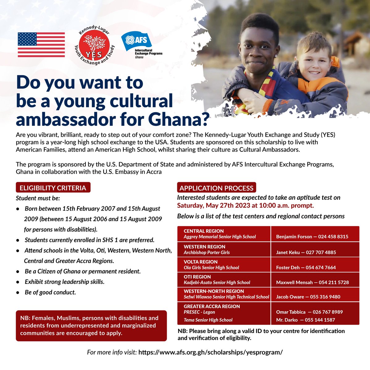 Check for eligibility and apply now!
@StateDept @ECAatState @AC_Global @yesprogramnews @yesalumnighana
#AFSeffect #YESprogram #YouthExchangeandStudy #StudyAbroad #Ghana